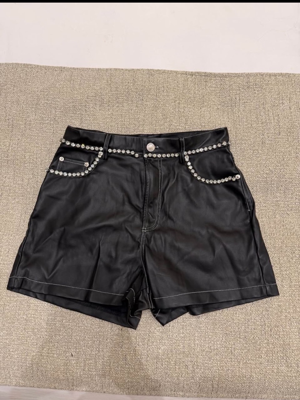 Nasty Gal Black Faux Leather High-Waist Shorts with Crystal Trim